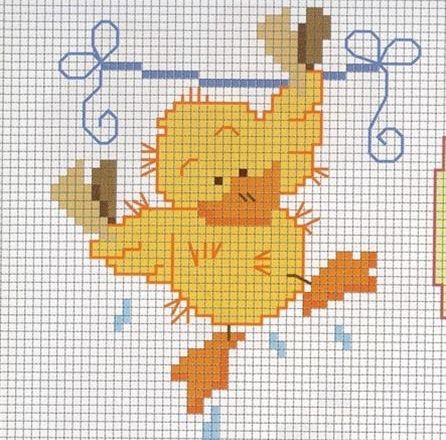 A chick as clothes hanging cross stitch pattern