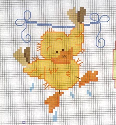 A chick as clothes hanging cross stitch pattern