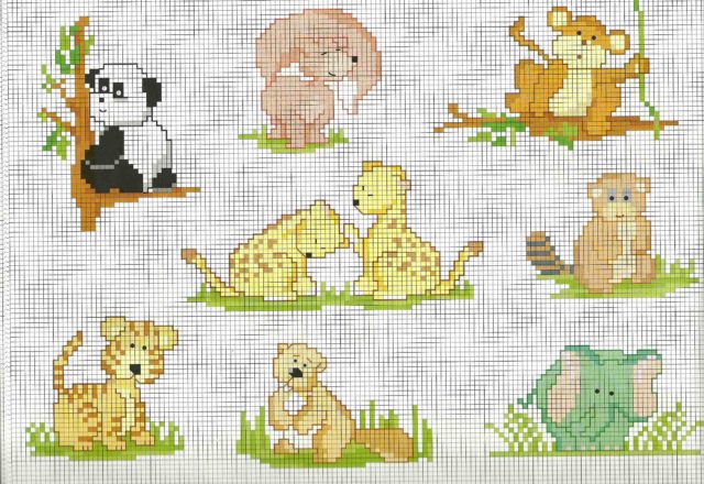 A panda a lion cub and a baby fox cross stitch patterns