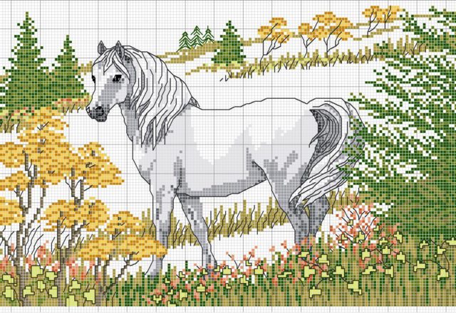 A white horse in the prairie cross stitch pattern