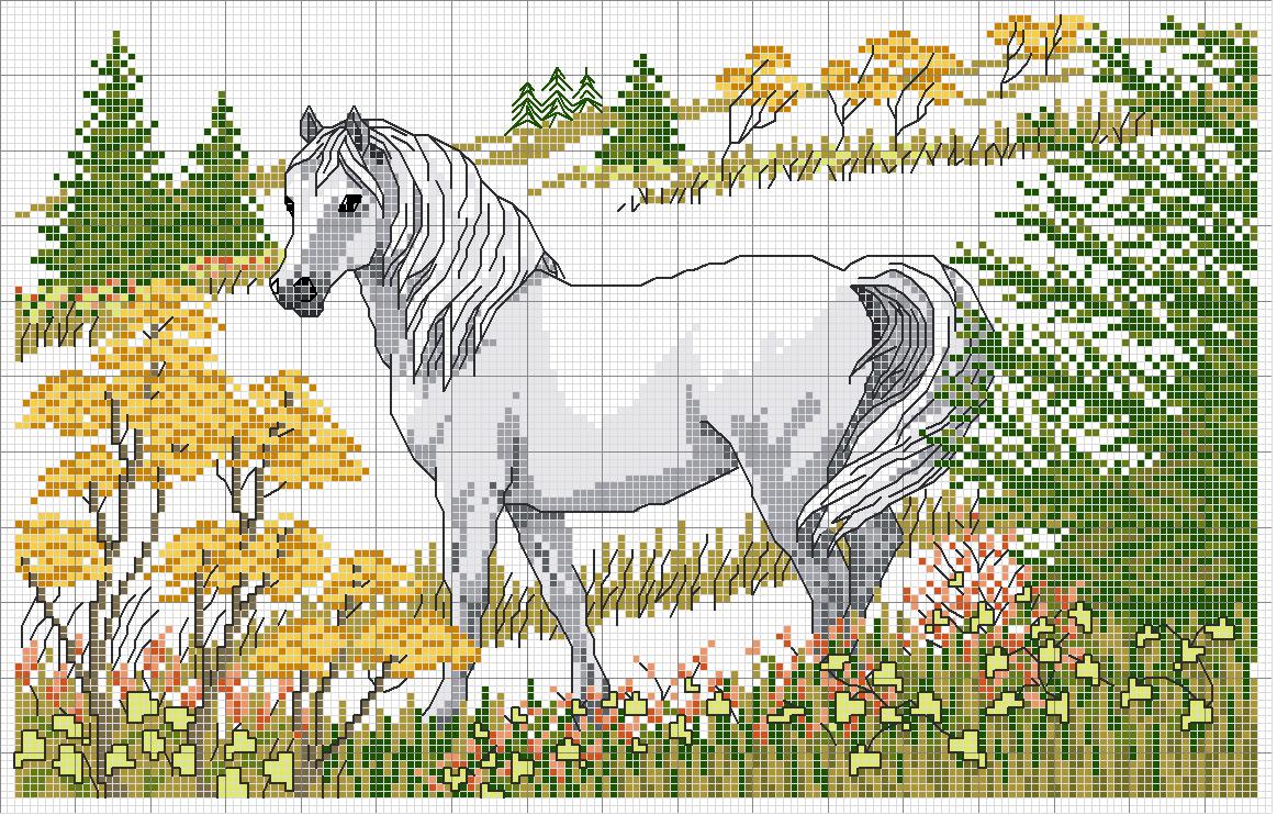 A white horse in the prairie cross stitch pattern