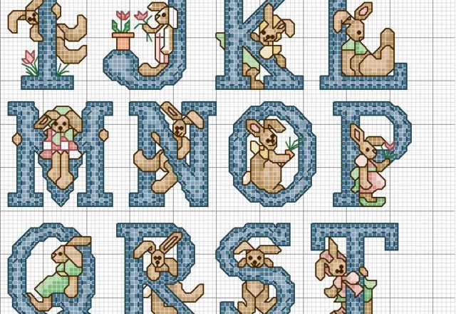 Alphabet blue letters with brown rabbits