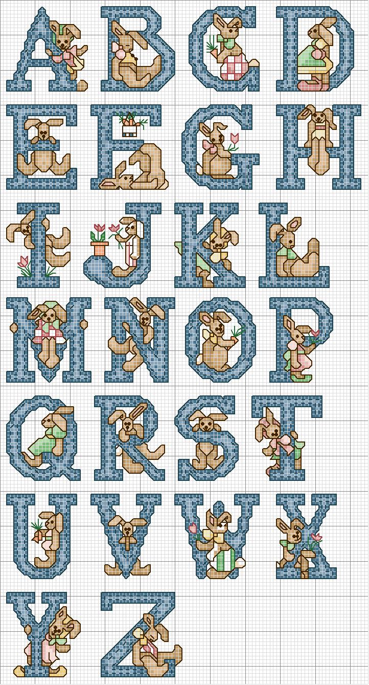 Alphabet blue letters with brown rabbits