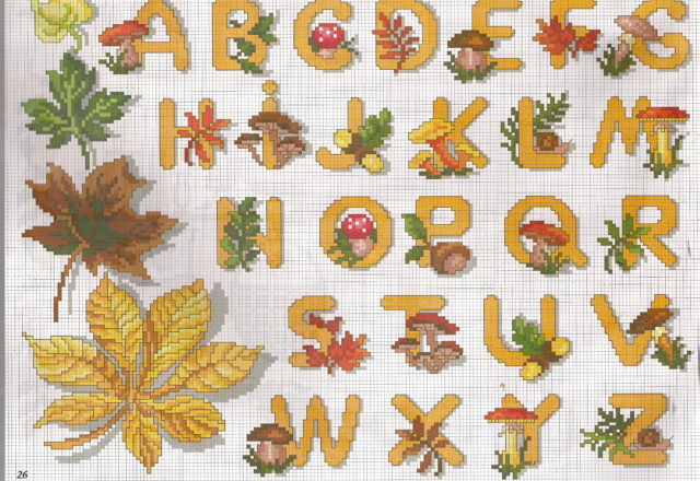 Alphabet chestnuts leaves and mushrooms