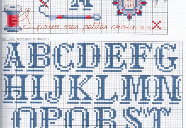 Ancient vintage cross stitch alphabet with blue letters (3)