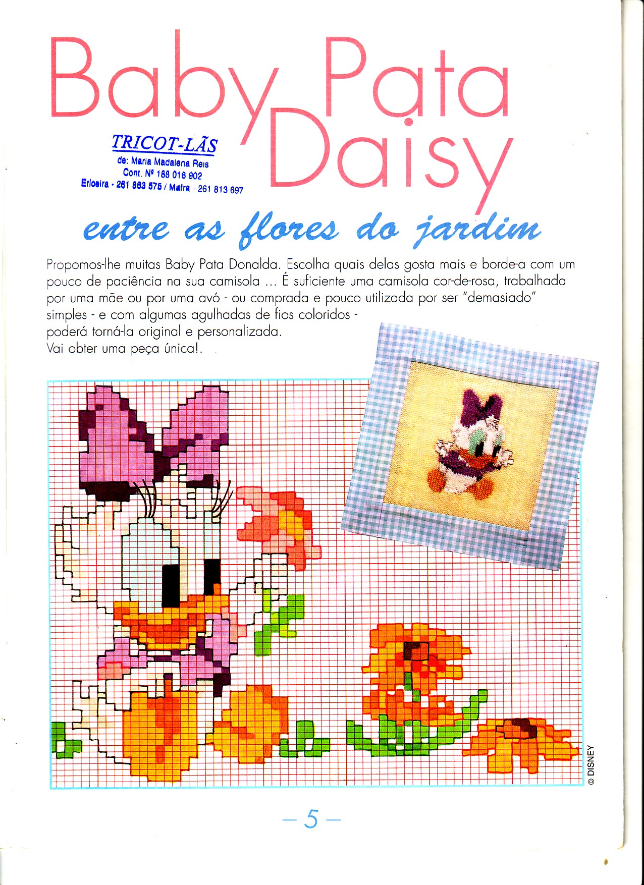 Baby Daisy Duck cross stitch pattern in the garden