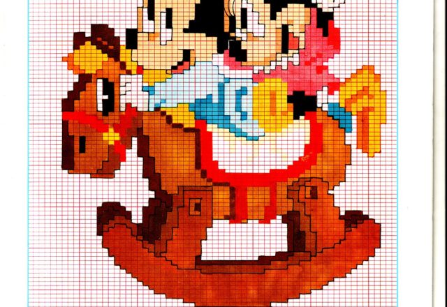 Baby Minnie and Mickey Mouse on the wooden horse