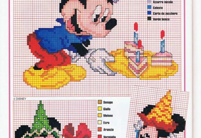 Baby Minnie and baby Mickey Mouse open the gifts cross stitch