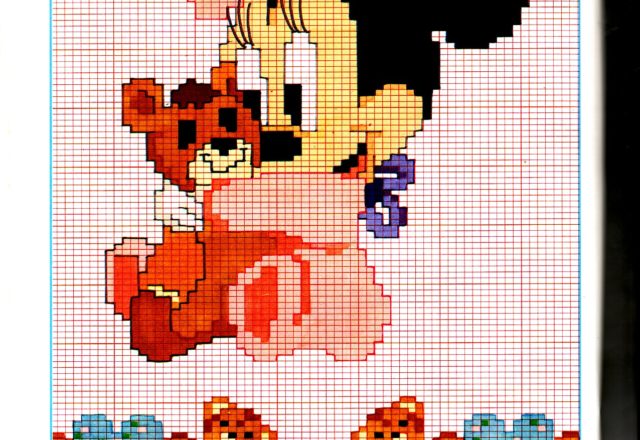 Baby Minnie hugs a teddy bear with border