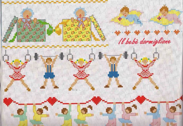 Baby cross stitch borders with dancers and athletes