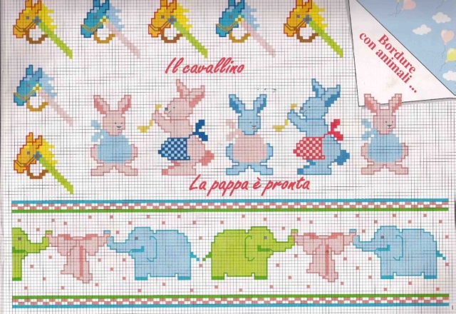 Baby cross stitch borders with horses elephants and rabbits
