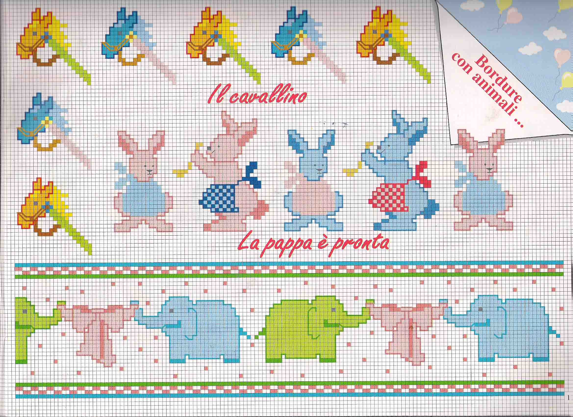 Baby cross stitch borders with horses elephants and rabbits