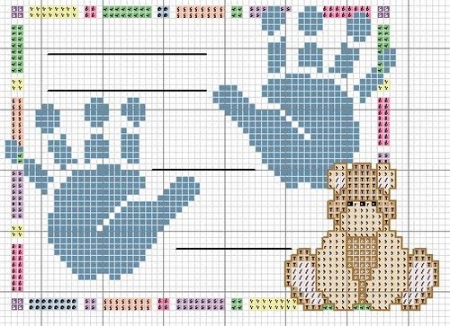 Baby fingerprints with teddy bear cross stitch pattern for birth record