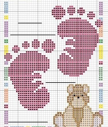 Baby footprints with teddy bear cross stitch pattern for birth record