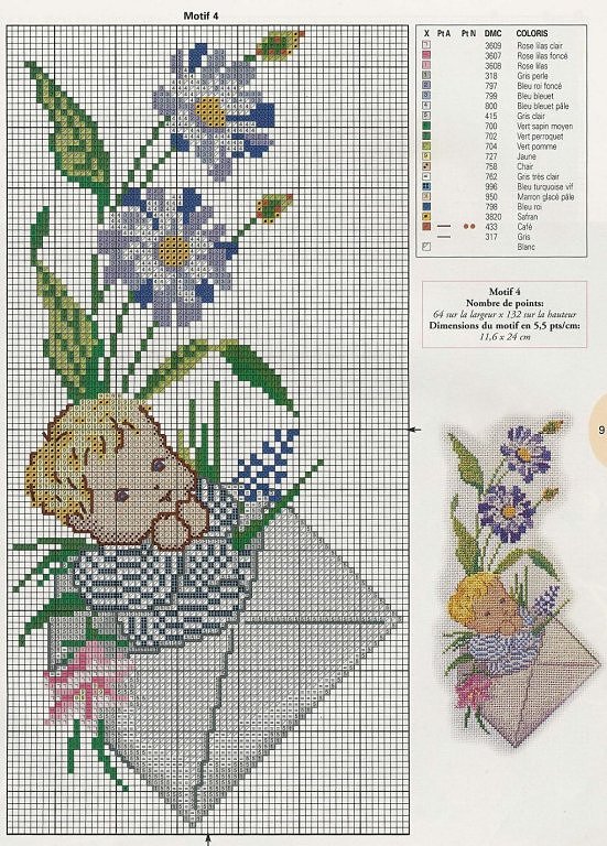 Baby inside envelope with flowers free cross stitch pattern chart for birth record (3)