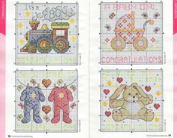 Baby train dresses rabbit baby carriage cross stitch patterns birth records
