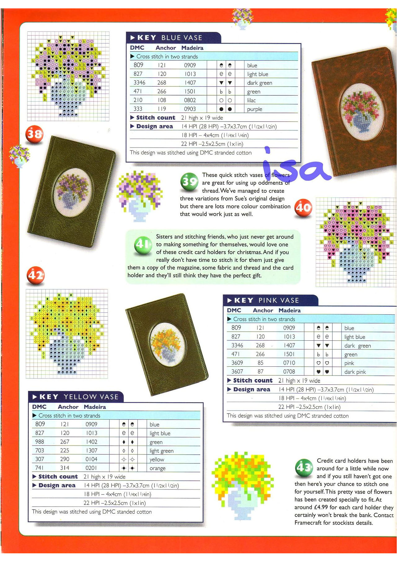 Blue and yellow vase cross stitch pattern