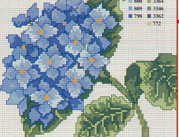 Blue hydrangea with leaves cross stitch pattern