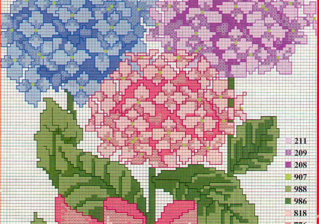 Blue, rose and violet hydrangea cross stitch pattern
