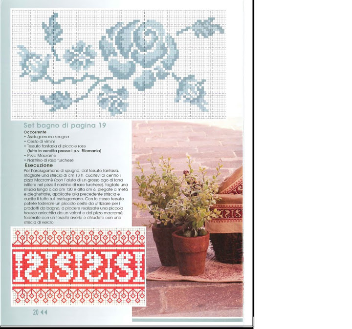 Blue rose with leaves cross stitch pattern