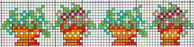 Board with colorful flower pots cross stitch pattern