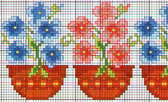Board with vases of red and blue flowers cross stitch pattern