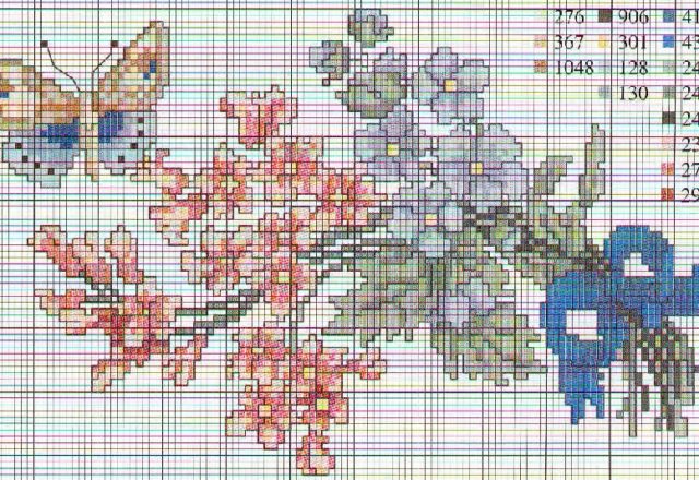 Bouquet of colorful flower with bird cross stitch pattern