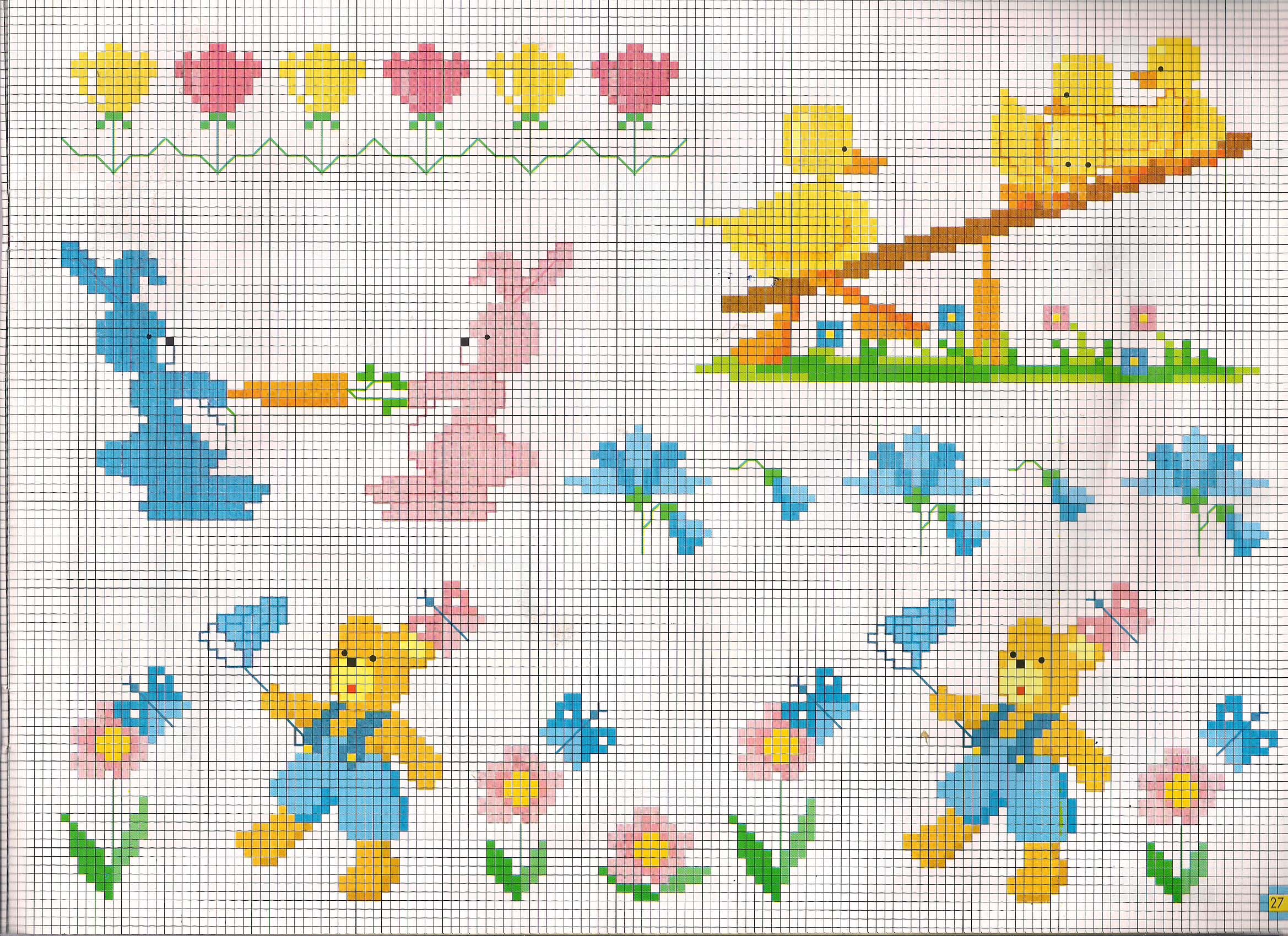 Bunnies and other baby animals playing with carrots cross stitch patterns
