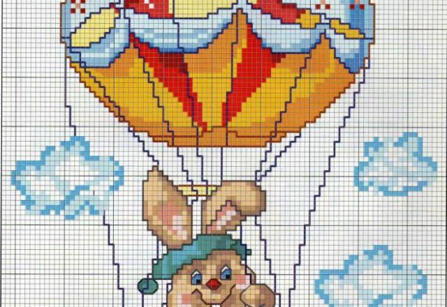 Bunny on hot-air baloon free cross stitch baby blanket pattern