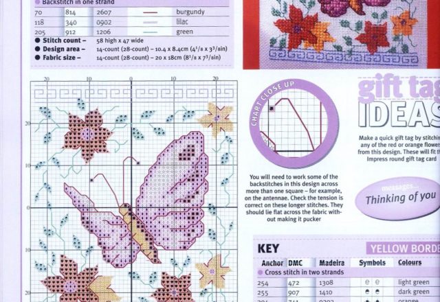 Butterfly and flowers cross stitch pattern with back stitch