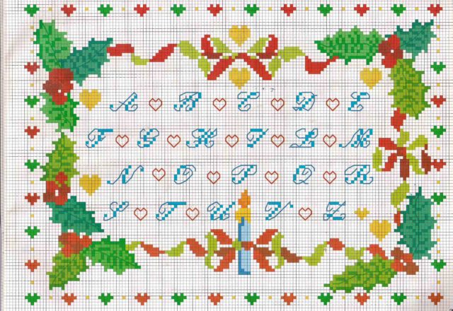 Christmas cross stitch alphabet light blue letters and holly plants