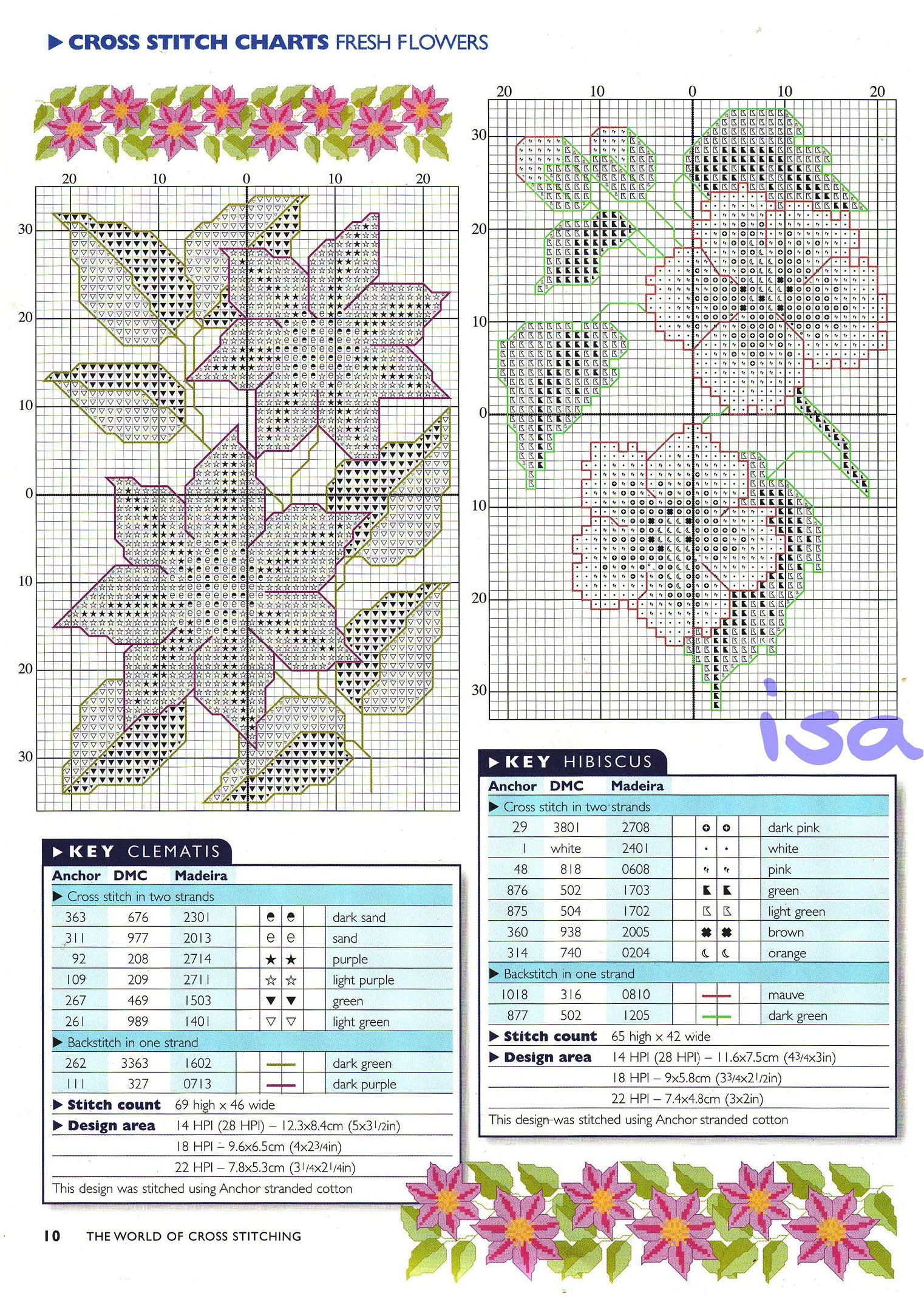 Clematis and Ibiscus flower cross stitch pattern