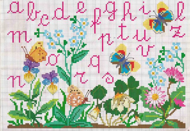 Cross stitch alphabet cursive lowercase with butterflies
