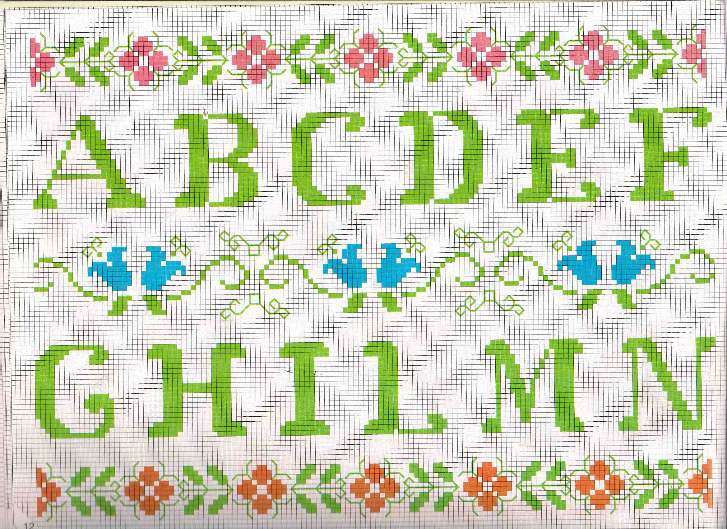 Cross stitch alphabet green letters and floreal patterns (1)