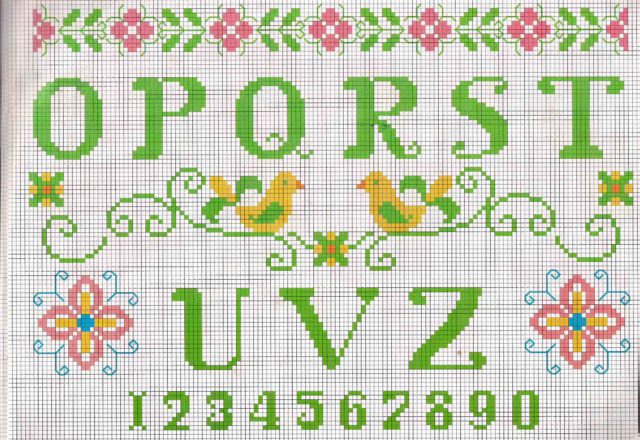 Cross stitch alphabet green letters and floreal patterns (2)