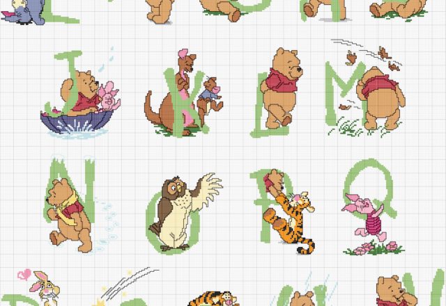 Cross stitch alphabet green letters with Winnie-The-Pooh
