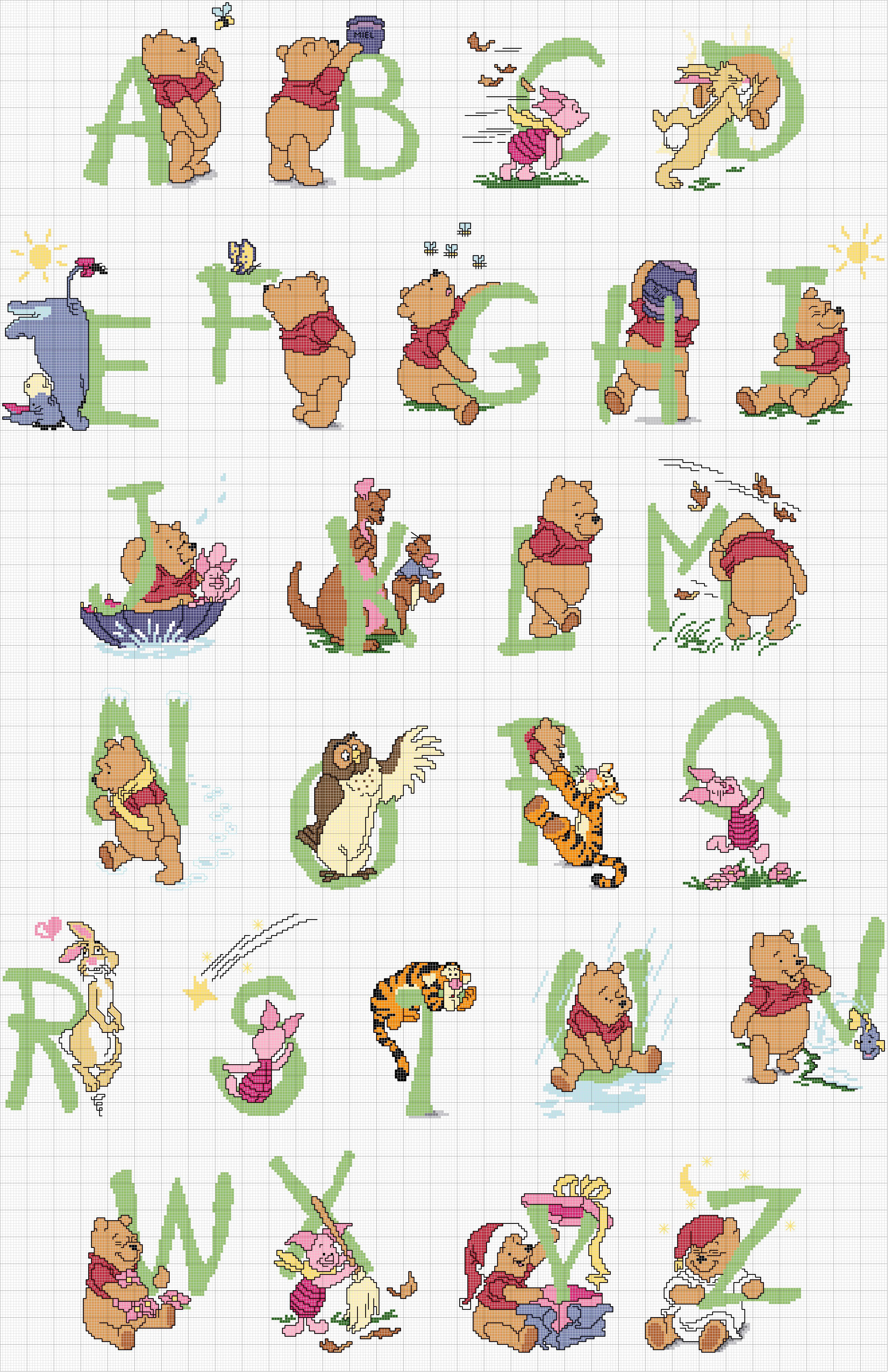 Cross stitch alphabet green letters with Winnie-The-Pooh