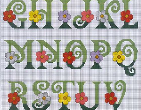 Cross stitch alphabet green letters with cute flowers
