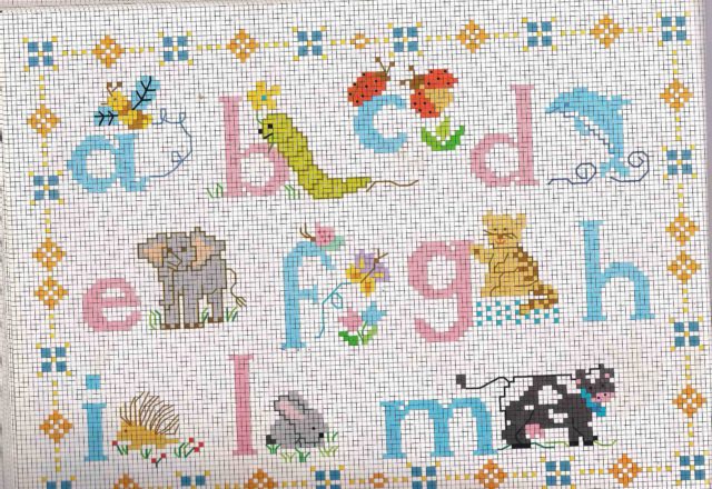 Cross stitch alphabet light blue and pink with small animals (1)