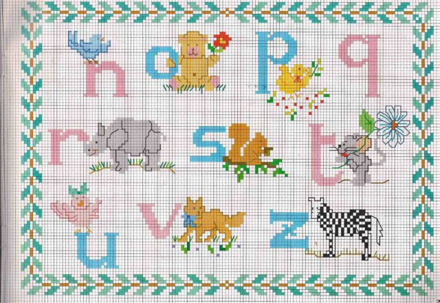 Cross stitch alphabet light blue and pink with small animals (2)