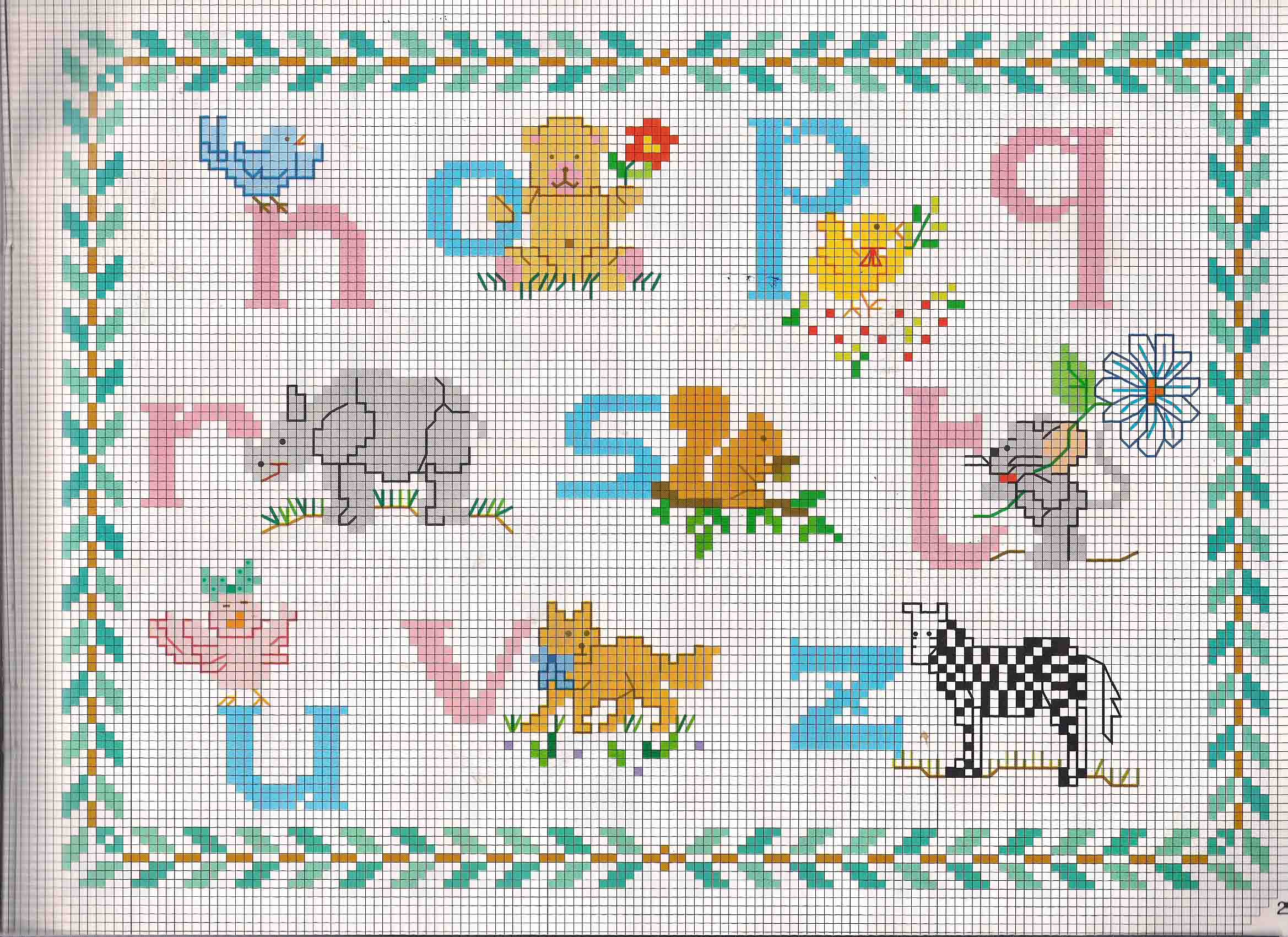 Cross stitch alphabet light blue and pink with small animals (2)
