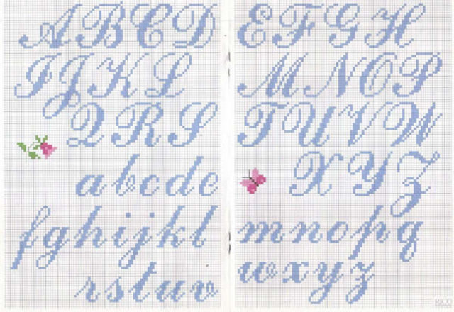 Cross stitch alphabet light blue cursive
