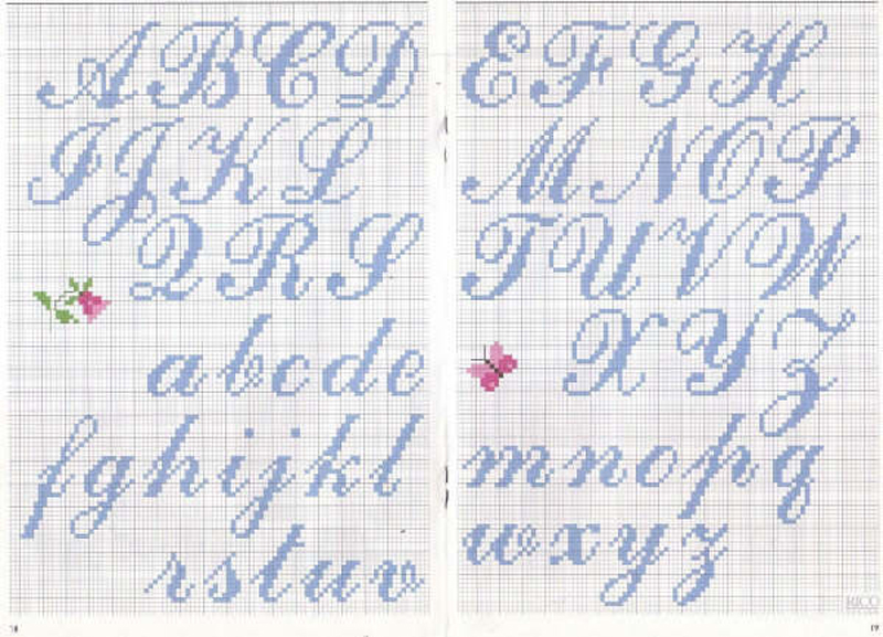 Cross stitch alphabet light blue cursive