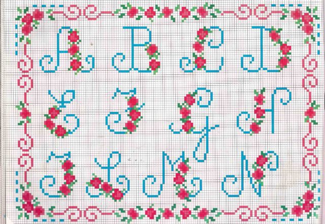 Cross stitch alphabet light blue letters and wild strawberries (1)