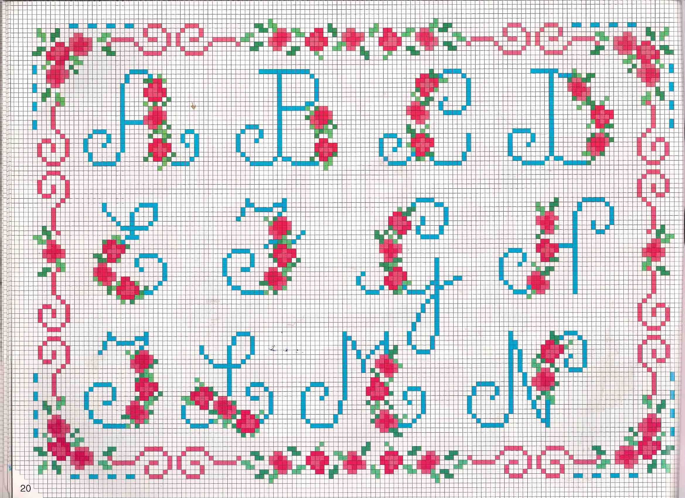 Cross stitch alphabet light blue letters and wild strawberries (1)