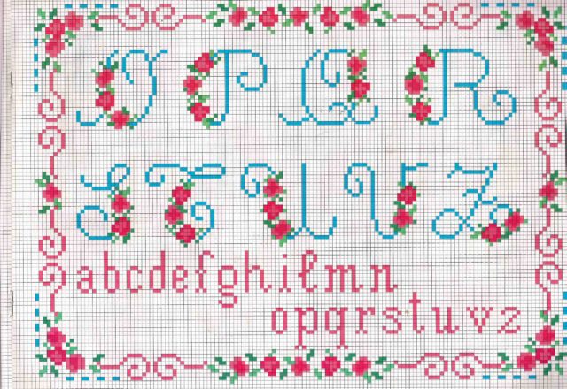 Cross stitch alphabet light blue letters and wild strawberries (2)