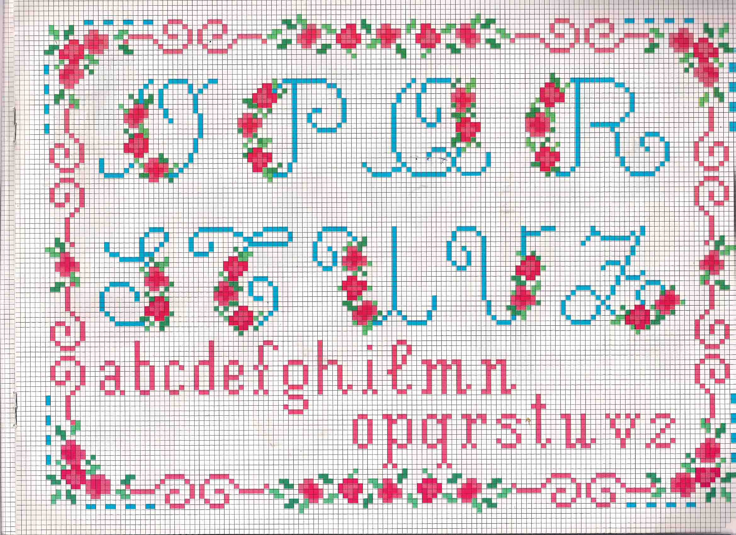 Cross stitch alphabet light blue letters and wild strawberries (2)
