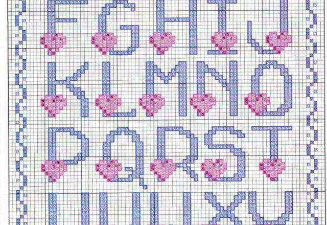 Cross stitch alphabet light blue with pink flowers