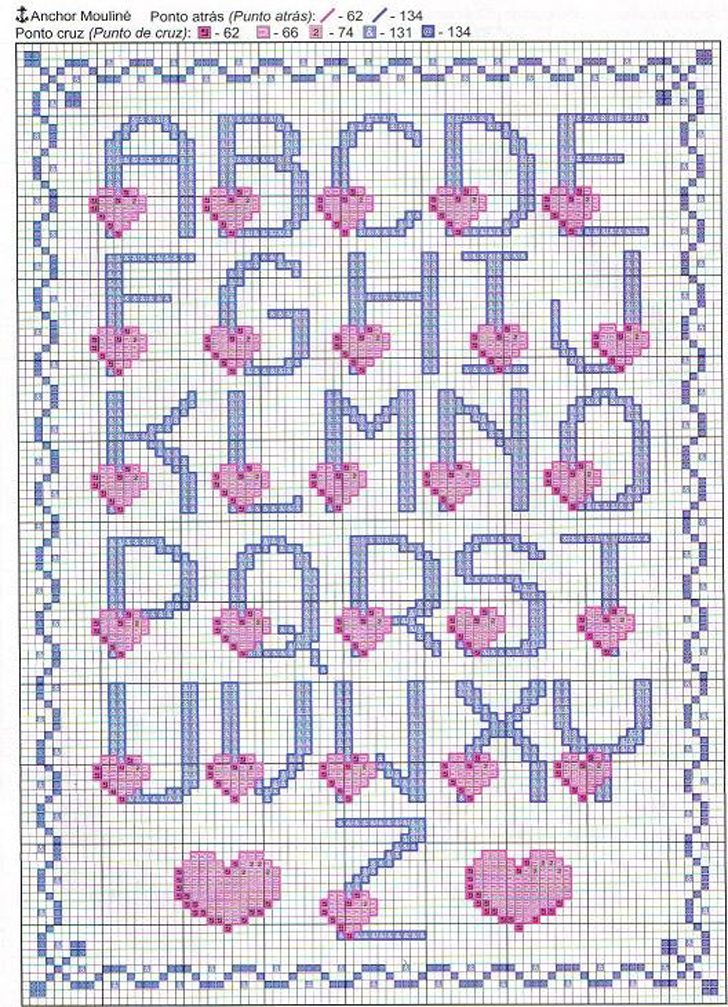 Cross stitch alphabet light blue with pink flowers
