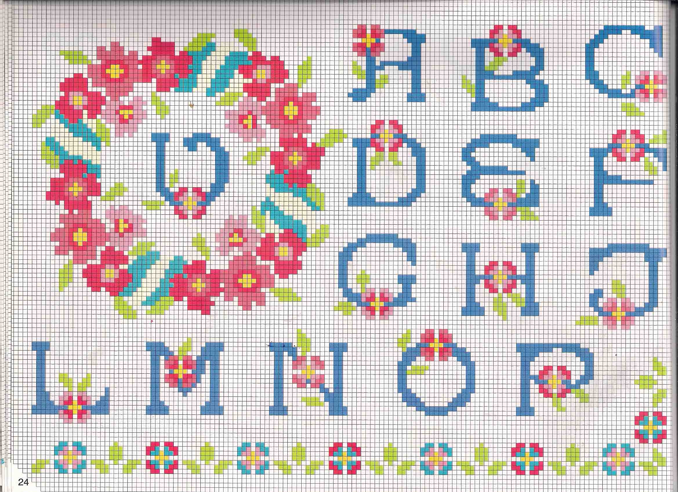 Cross stitch alphabet lowercase and uppercase with primroses flowers (1)